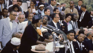 Mahalia Jackson and the Reverend Martin Luther King, Jr. on the steps of the Lincoln Memorial in Washington, D.C.