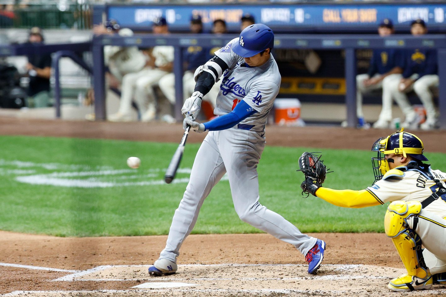 Milwaukee, USA. August 12, 2024: Los Angeles Dodgers two-way player Shohei Ohtani (17) hits a 2-run home run in the fifth inning of the game between the Milwaukee Brewers and the Los Angeles Dodgers at American Family Field in Milwaukee, WI. Darren Lee/CS